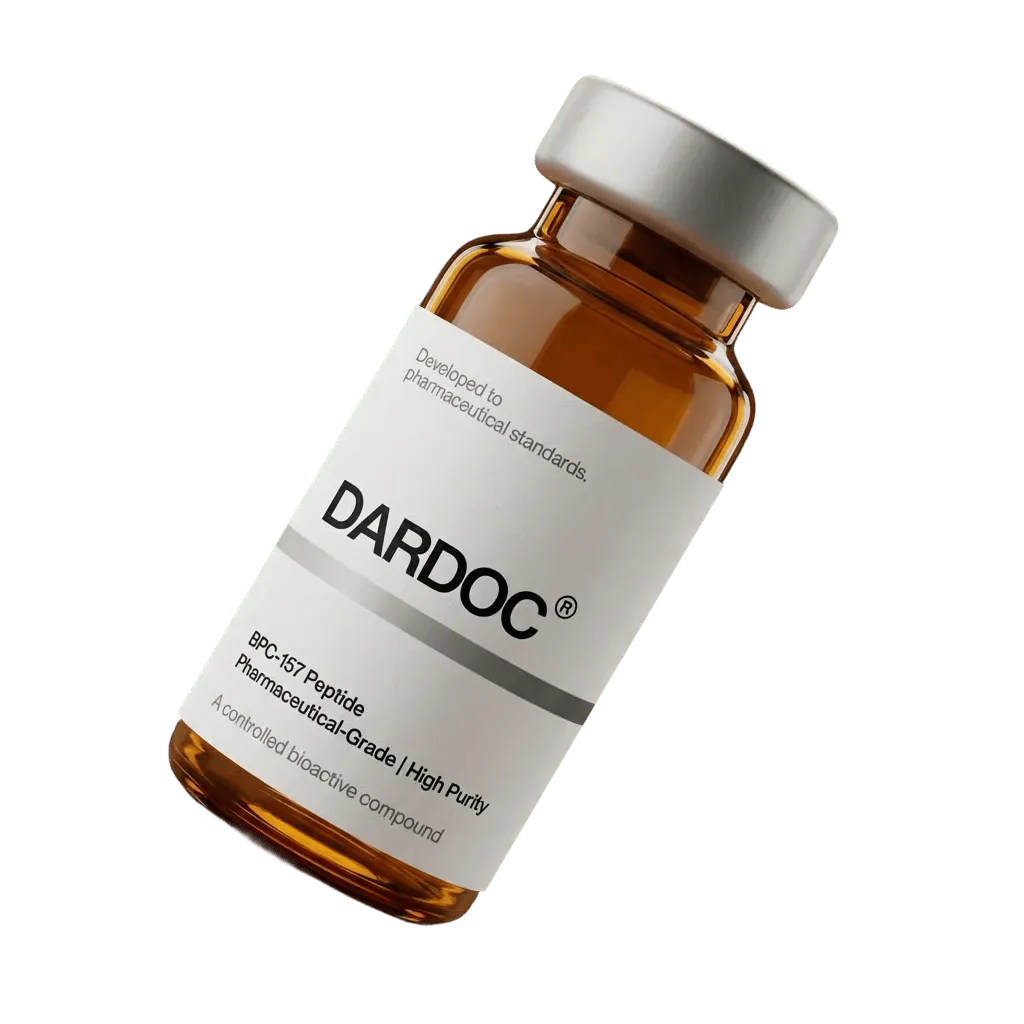 A clinical peptide vial photographed in protocol packaging against a soft cream background
